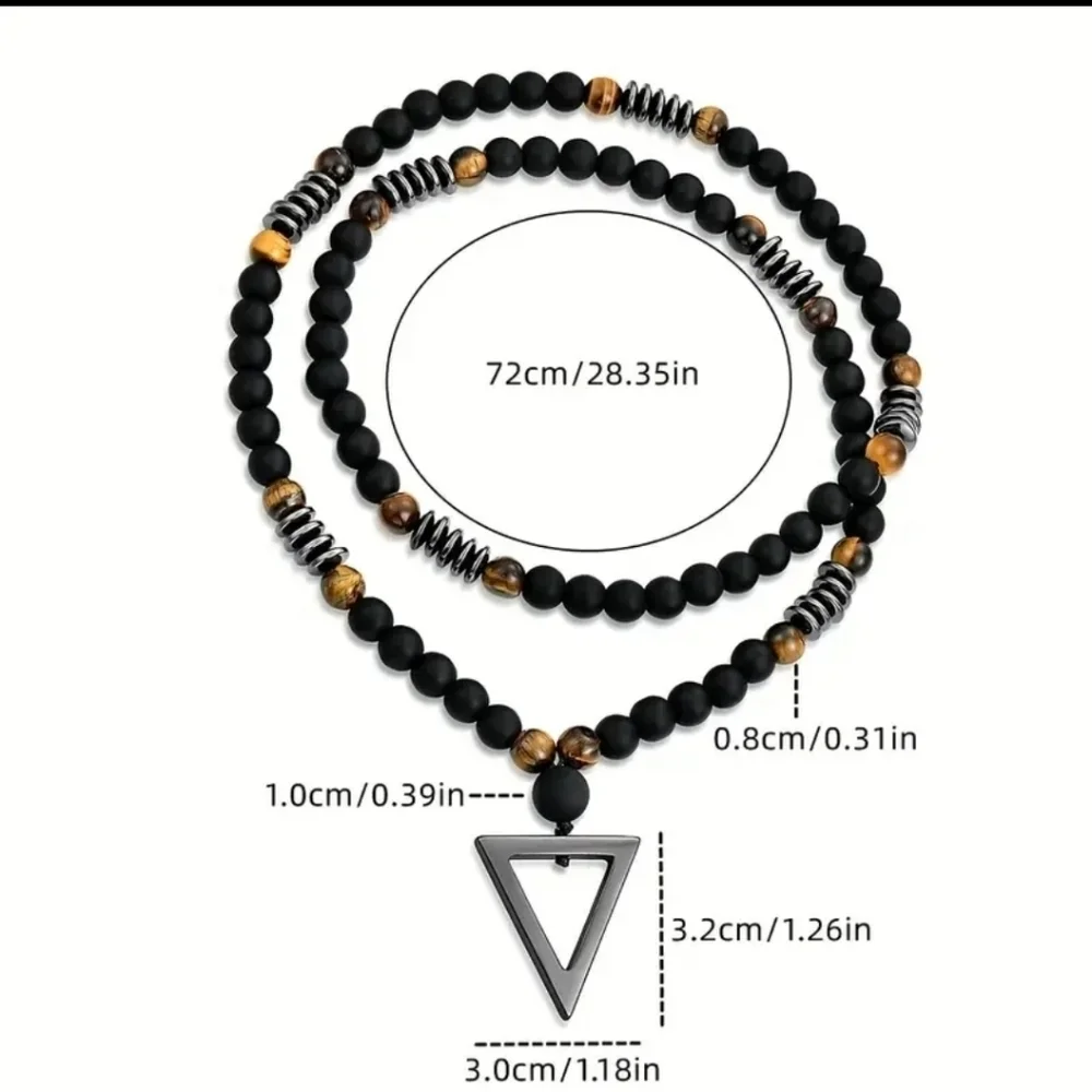 Men's Black & Brown Beaded Triangle Pendant Necklace